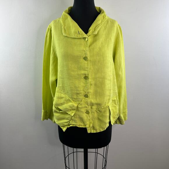 OSKA Lagenlook Bright Green Yellow Top Linen Collared Long Sleeve Jacket Size 2 - Picture 9 of 9